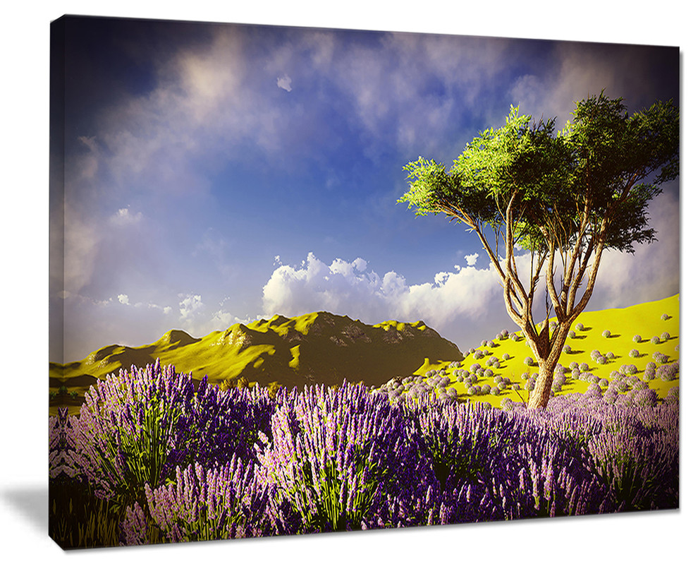 "Bright Lavender Garden Field" Modern Landscape Wall Art Canvas, 20"x12