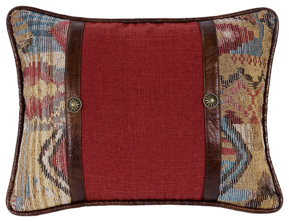 Oblong Pillow with Faux Leather Band and Concho, 16x21x6 Southwestern Decorative Pillows