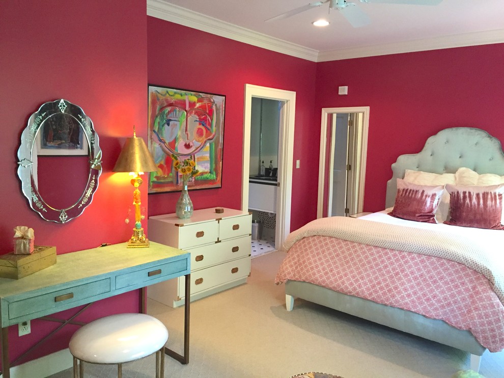 Inspiration for a large eclectic guest bedroom in Other with pink walls, carpet and no fireplace.