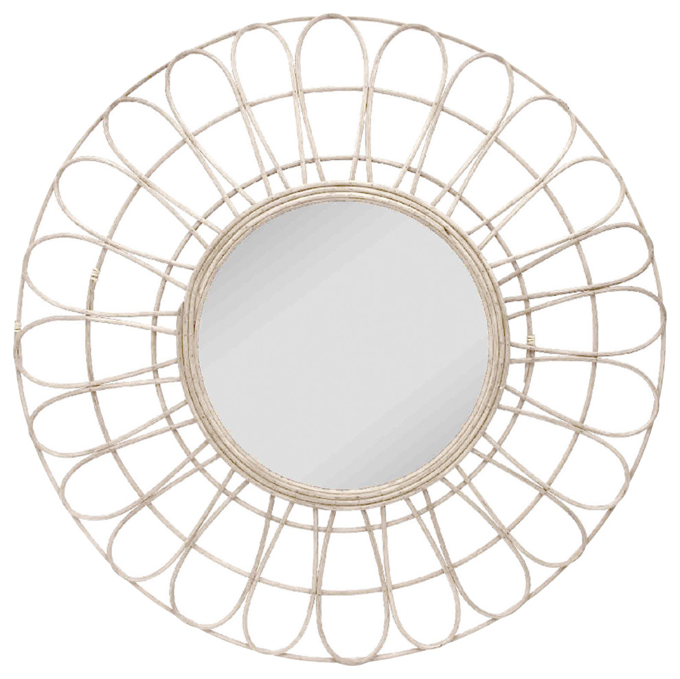 36" Rattan Mirror, White Washed Wb Tropical Wall Mirrors by Uber