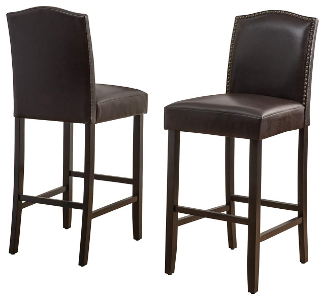 2 Pack Bar Stool, Espresso Finished Legs With Brown Faux Leather Seat
