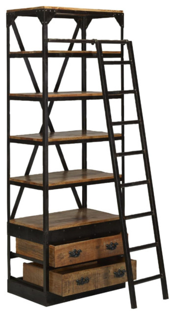 80x32" Narrow Rustic Industrial Bookcase With Ladder and Drawers