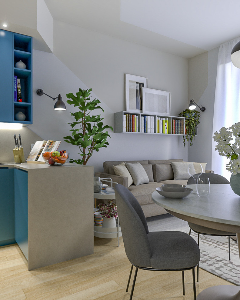 Foto di un piccolo soggiorno contemporaneo aperto con libreria, pareti multicolore, parquet chiaro, TV nascosta e soffitto ribassato
