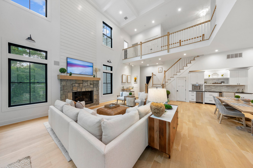 Living Room with Stone Fireplace & Interior Balcony – Home Addition in Florham P