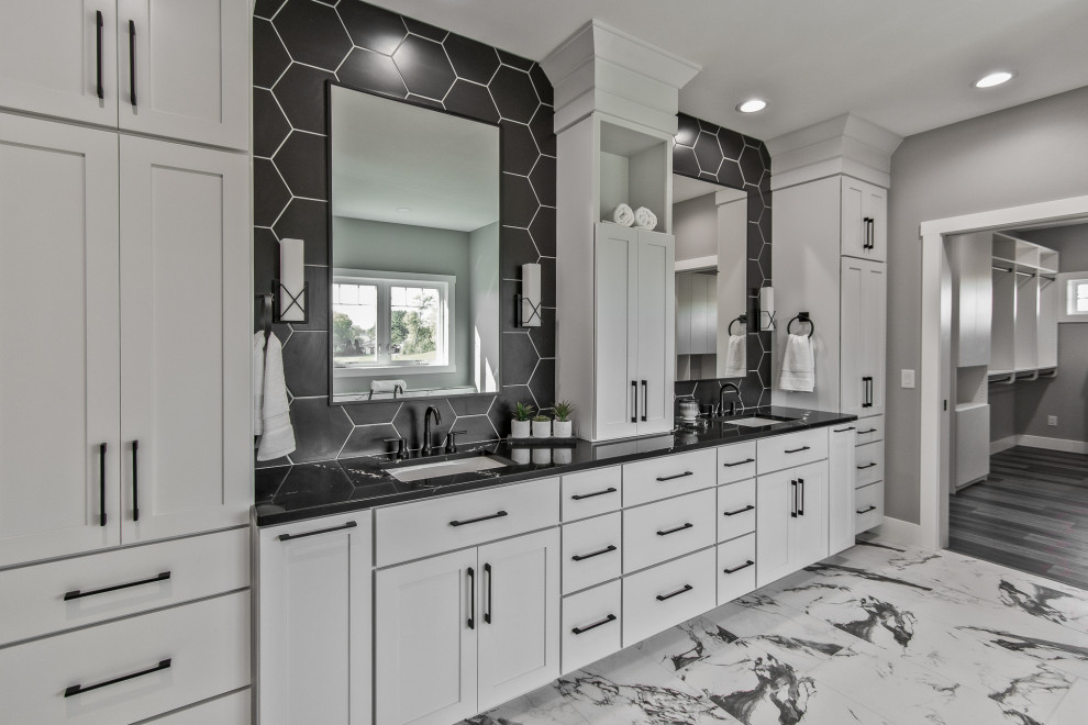 Inspiration for a transitional master bathroom in Other with black and white tile, porcelain tile, recessed-panel cabinets, white cabinets, an undermount sink, multi-coloured floor, a double vanity, a built-in vanity and porcelain floors.