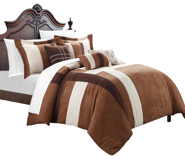 Regina Microsuede Brown & Cream Queen 7 Piece Comforter Bed in a Bag ...