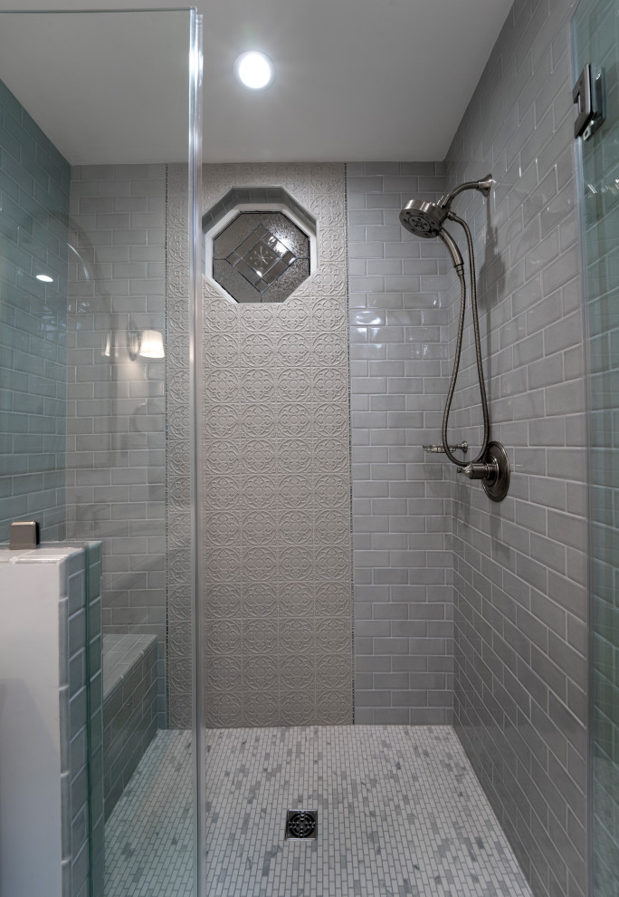 Inspiration for a mid-sized victorian master blue tile and ceramic tile porcelain tile, gray floor and single-sink bathroom remodel in DC Metro with recessed-panel cabinets, white cabinets, a two-piece toilet, gray walls, an undermount sink, marble countertops, a hinged shower door, white countertops and a freestanding vanity