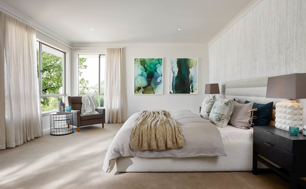 This is an example of a large contemporary master bedroom in Melbourne with grey walls, carpet and no fireplace.
