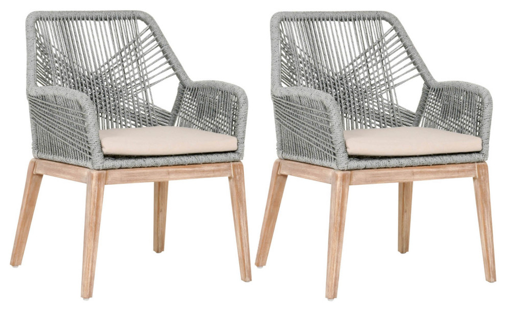 Loom Arm Chair, Set of 2, Platinum Rope Gray Seat Mahogany Wood Beach