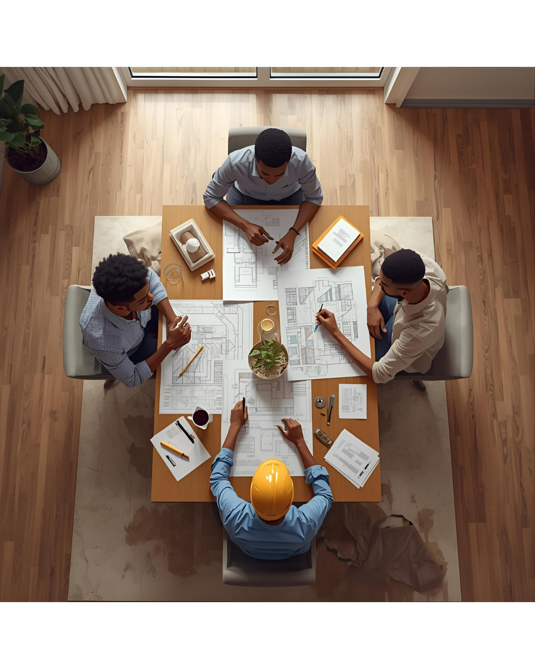 A photo of a family reviewing plans with a contractor at their dining table.