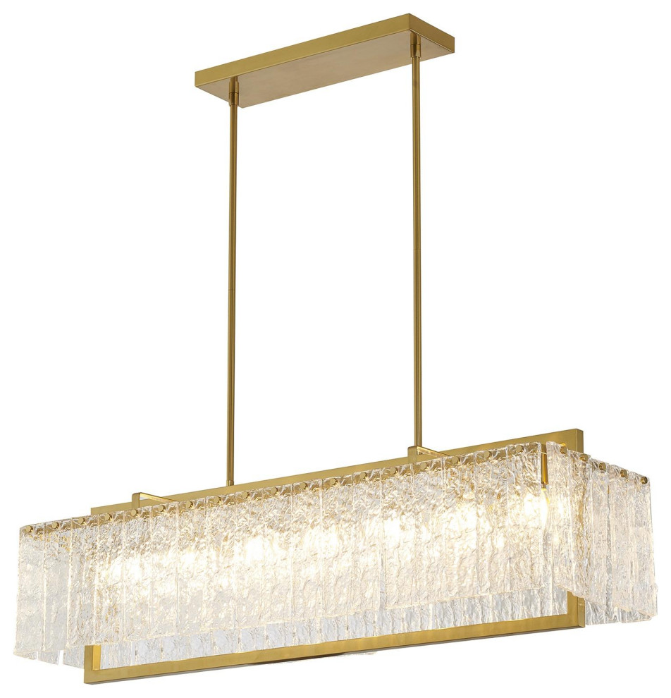 7-Light Brass Chandelier With Clear Rippled Glass
