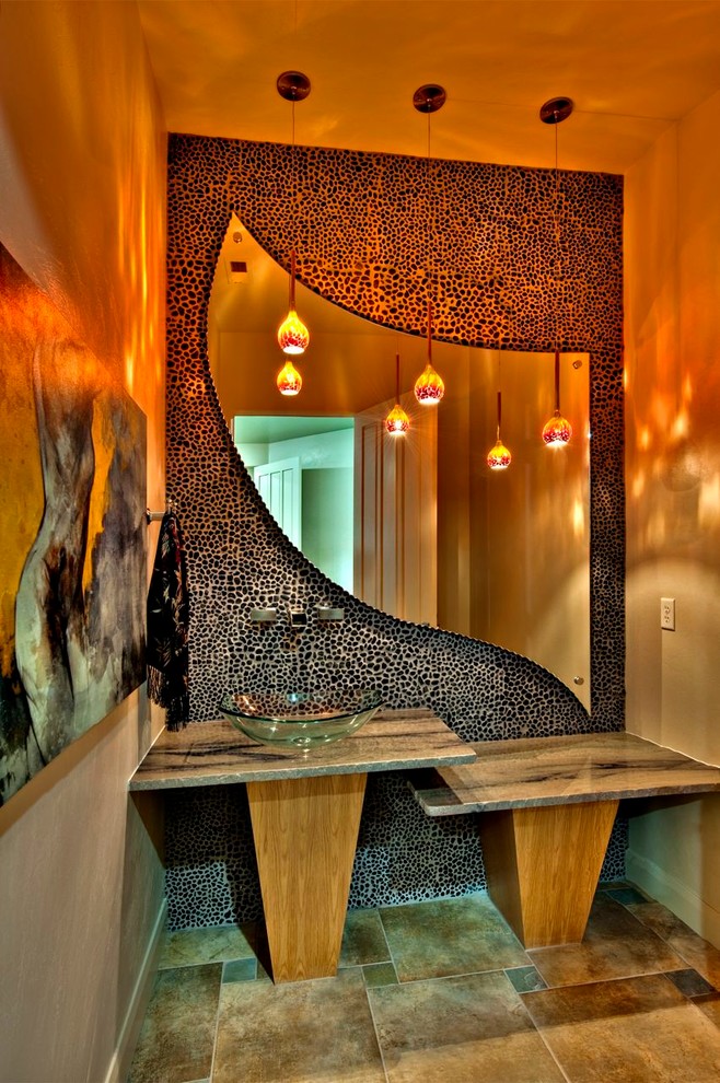 Photo of a contemporary powder room in Salt Lake City with a vessel sink and multi-coloured tile.