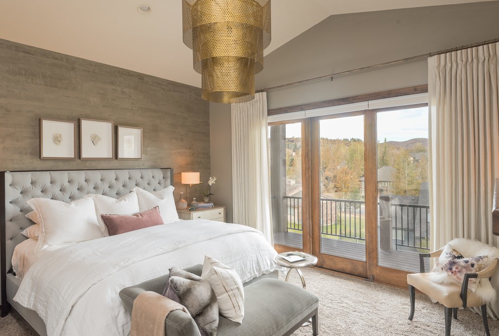 This is an example of a transitional bedroom in Salt Lake City with grey walls, carpet and grey floor.