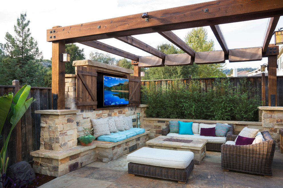Inspiration for a traditional backyard patio in San Francisco with tile and a gazebo/cabana.