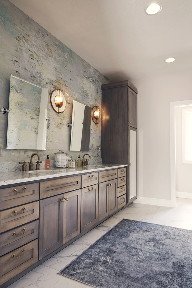 Large mountain style master white tile and subway tile white floor bathroom photo with medium tone wood cabinets, gray walls, an integrated sink and white countertops