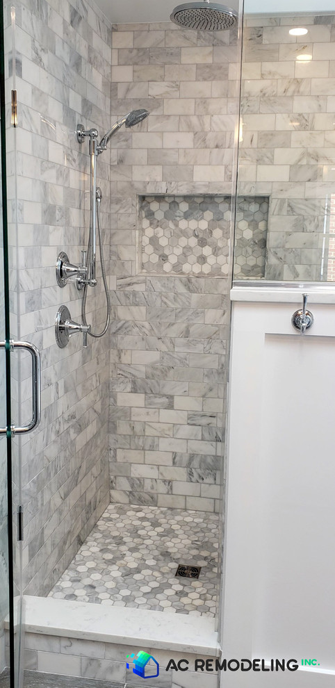 Arabescato marble shower wall and Polished Hexagon arabescato shower floor and n