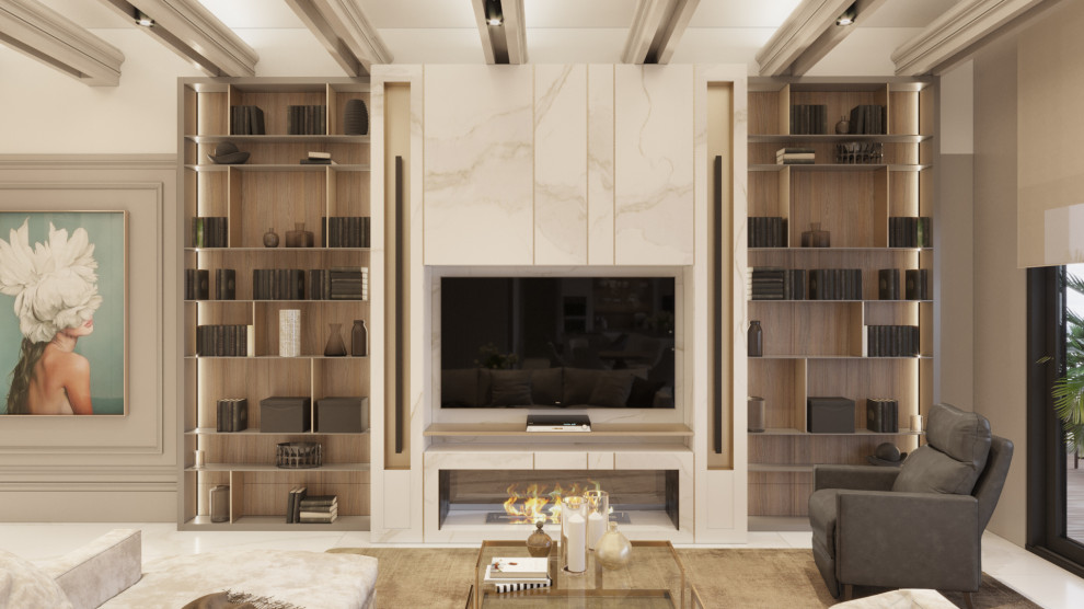 Inspiration for a large modern living room in Other with a library, beige walls, marble floors, a standard fireplace, a brick fireplace surround, a built-in media wall, beige floor, vaulted and panelled walls.
