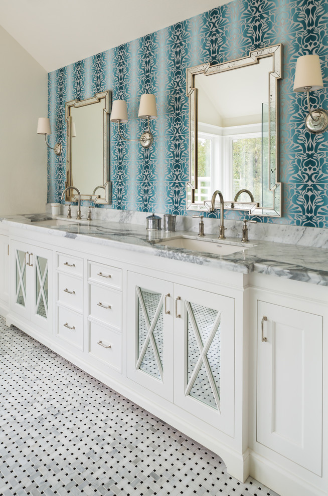 Design ideas for a traditional bathroom in Portland with white cabinets.