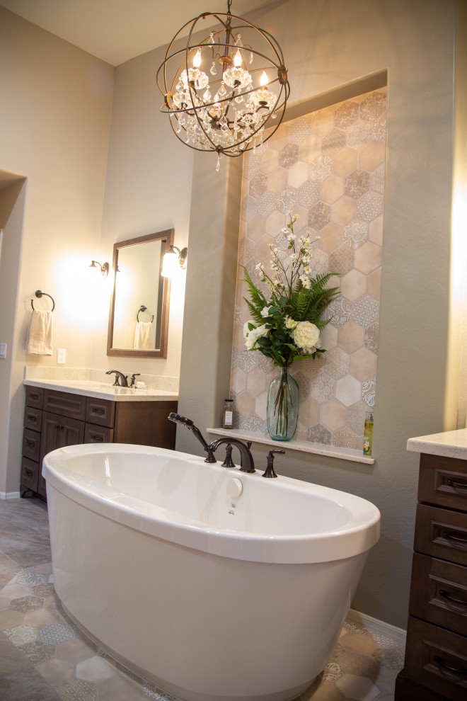 Design ideas for an expansive traditional master bathroom in Phoenix with dark wood cabinets, a freestanding tub, an open shower, beige walls, mosaic tile floors, an undermount sink, quartzite benchtops, beige floor, an open shower, beige benchtops, a double vanity and a built-in vanity.