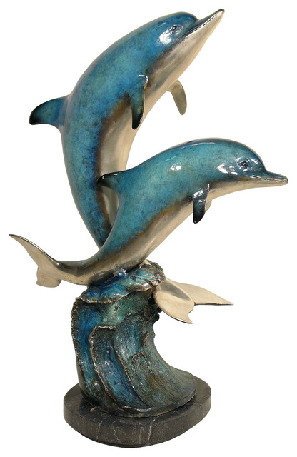 Dolphins Playing On a Wave With Marble Base, Special Patina Finish