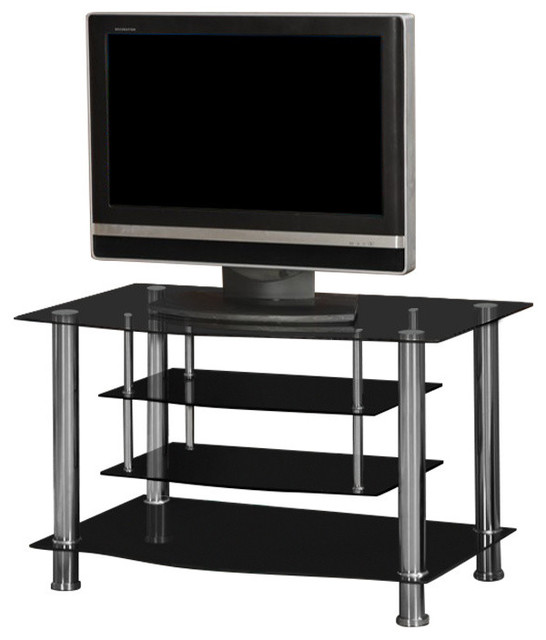 Metal and Glass Tv Stand, With 4 Shelves, Black and Silver Contemporary Entertainment