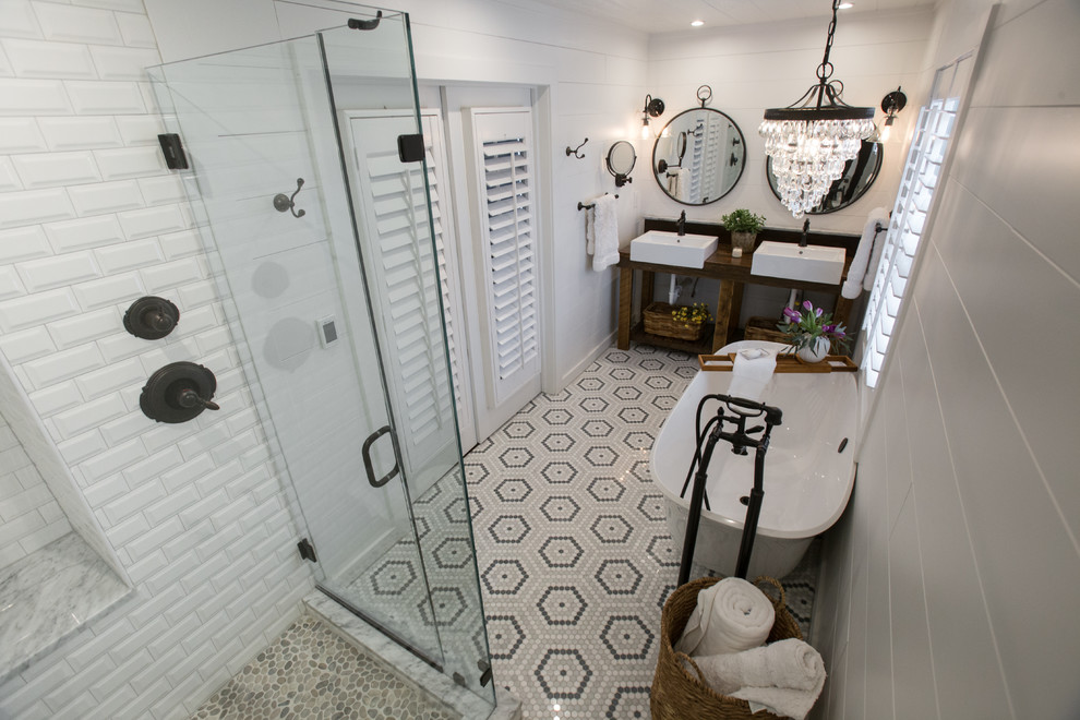 Inspiration for a small country master bathroom in Kansas City with open cabinets, a freestanding tub, a corner shower, white tile, white walls, marble floors, a vessel sink and mosaic tile.