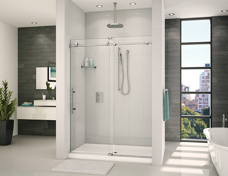 This is an example of a large contemporary bathroom in Chicago with flat-panel cabinets, white cabinets, a freestanding tub, an alcove shower, white tile, white walls, with a sauna, a vessel sink, white floor, a sliding shower screen and white benchtops.