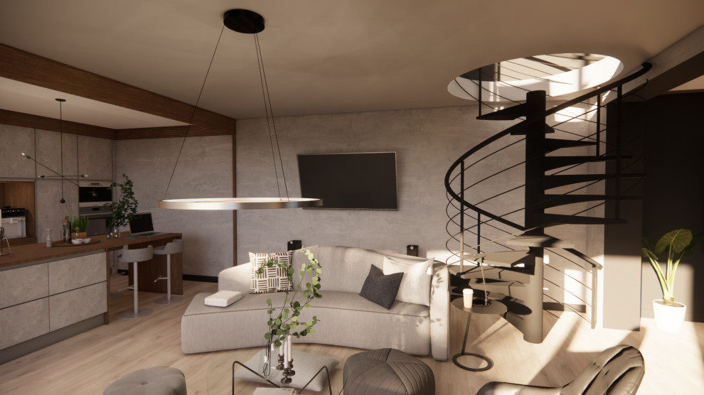 Mittelgroßes, Offenes Eklektisches Wohnzimmer ohne Kamin mit grauer Wandfarbe, hellem Holzboden, TV-Wand und beigem Boden in Dijon