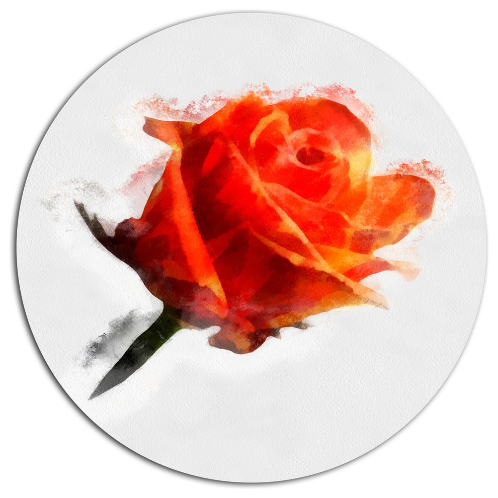 Red Rose Drawing With Watercolor, Floral Large Disc Metal Wall Art