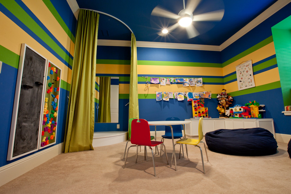 Design ideas for a mid-sized eclectic gender-neutral kids' playroom for kids 4-10 years old in Orlando with multi-coloured walls, carpet and beige floor.