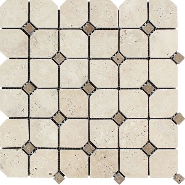 12"x12" Ivory Tumbled Travertine Octagon Mosaic With Noce Dots, Set of 50