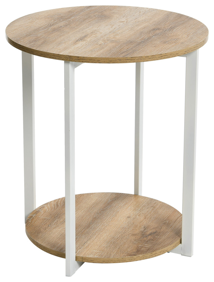 Jamestown Round Side End Table, Storage Shelf Coastal Oak Rustic, Black