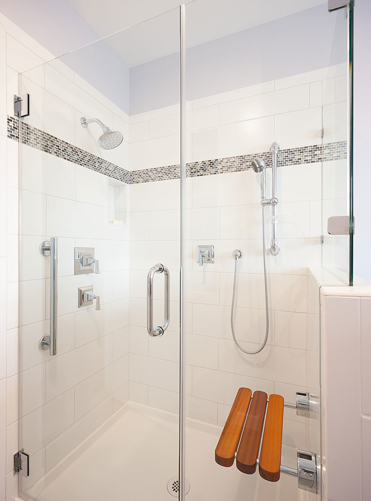 This is an example of a mid-sized beach style master bathroom in San Francisco with an undermount sink, flat-panel cabinets, medium wood cabinets, engineered quartz benchtops, an open shower, a two-piece toilet, blue tile, porcelain tile, purple walls and porcelain floors.