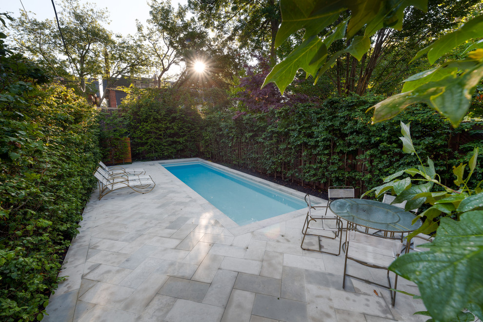 This is an example of a mid-sized modern backyard rectangular pool in Other with natural stone pavers.