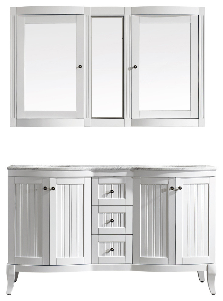 Verona 60" Double Vanity With Carrera White Marble Top, White, With Mirror