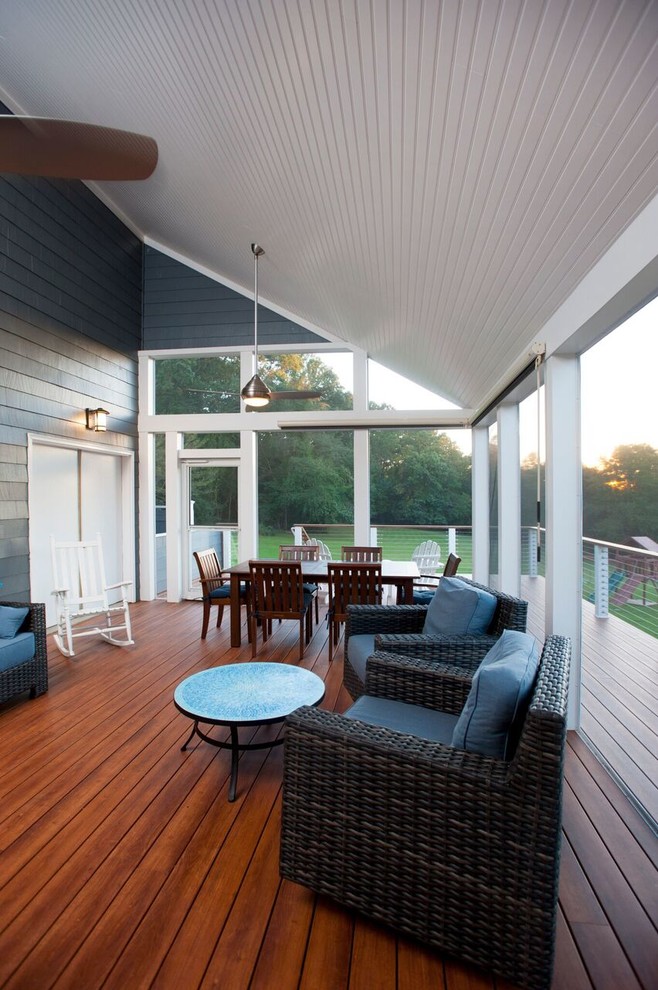 Large transitional screened-in back porch photo in DC Metro with decking and a roof extension