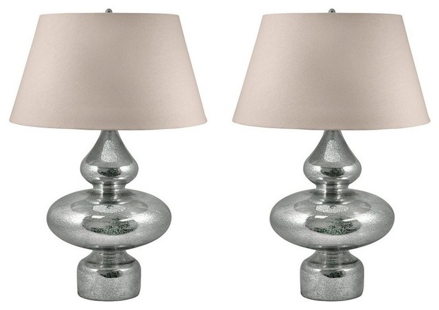Set of 2 Mercury Table Lamps with Round Hardback Cream Fabric Shade