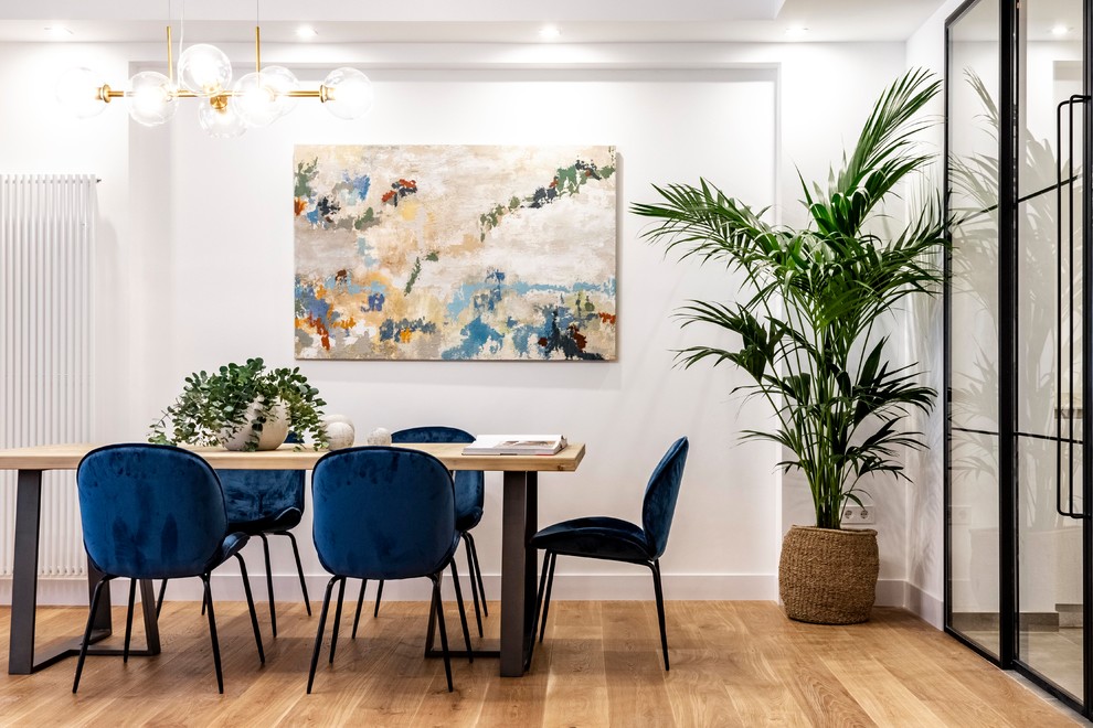 Ejemplo de comedor contemporáneo con paredes blancas, suelo de madera en tonos medios y suelo marrón