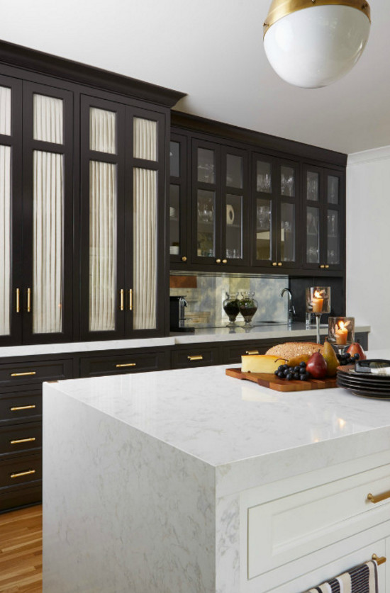 Inspiration for a mid-sized transitional single-wall open concept kitchen remodel in Phoenix with glass-front cabinets, gray cabinets, marble countertops and a peninsula