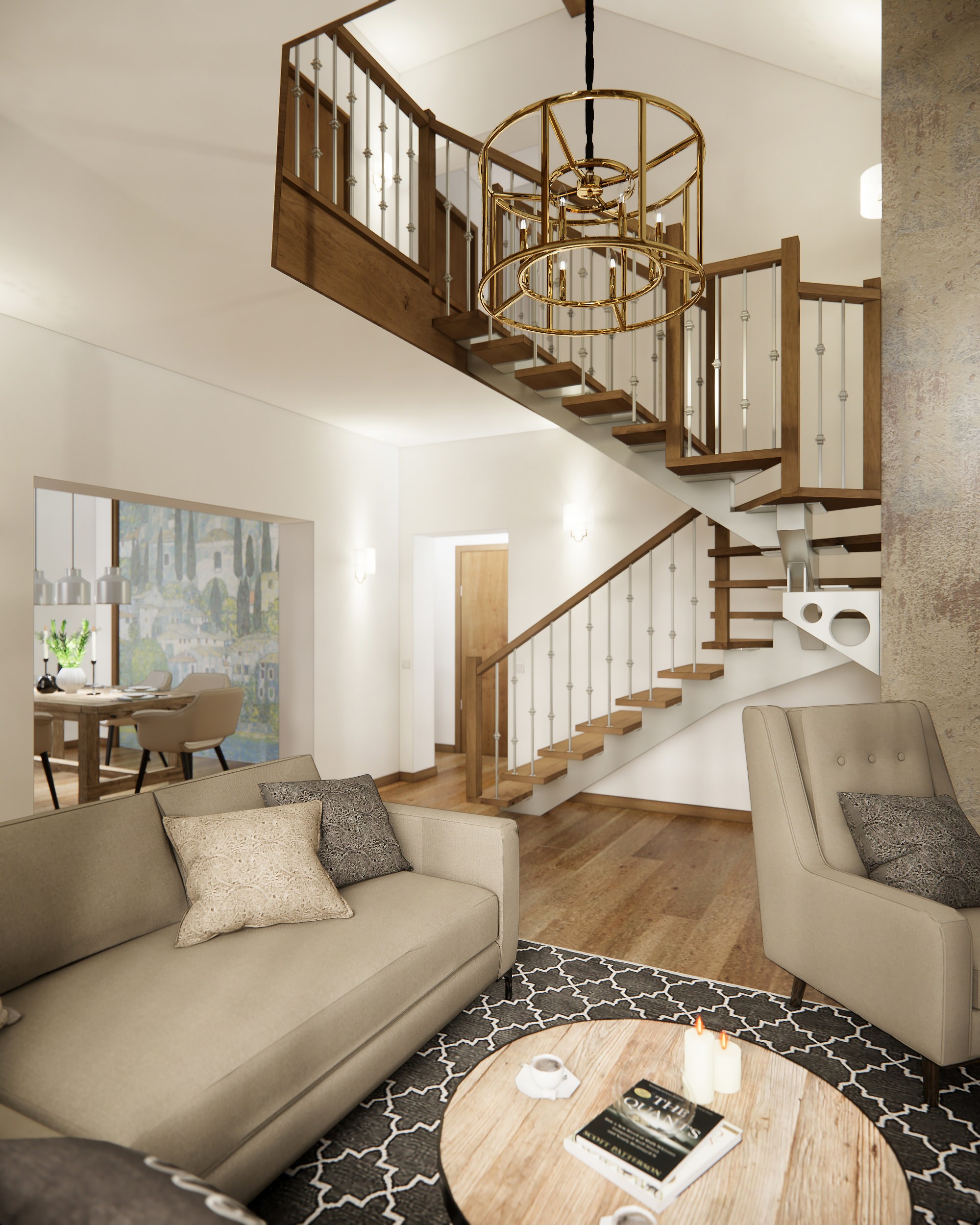 Дом в немецком стиле: кухня и гостиная с камином и лестницей