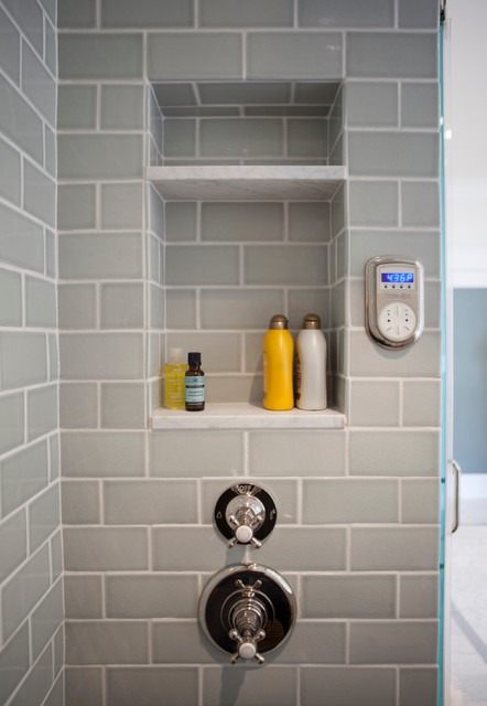 White Marble Shower Cubby with Blue Tile - Transitional - Bathroom