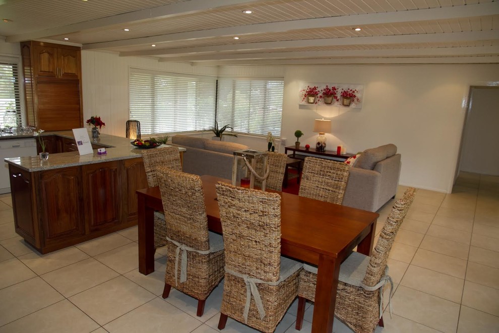 Contemporary dining room in Adelaide with ceramic floors and beige floor.