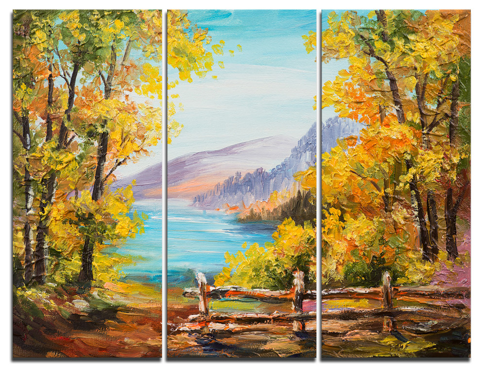 "Mountain Lake in the Fall" Canvas Art Print, 3 Panels, 36"x28