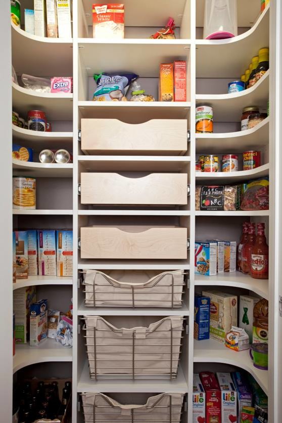This is an example of a small traditional l-shaped kitchen pantry in Minneapolis with open cabinets and white cabinets.