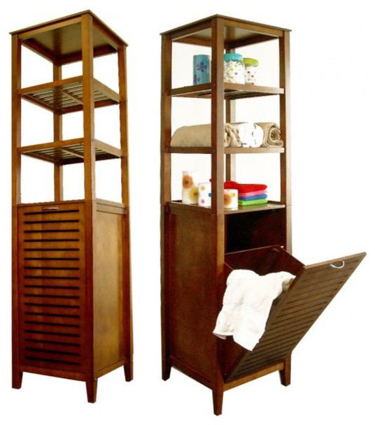 Spa Bath Tower with Tilting Hamper, Light Walnut, 66.25"H x 17"W x 14.5