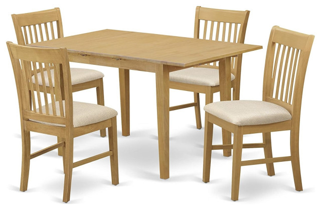 5-Piece Oak Kitchen Set with Butterfly Leaf Table and Linen Upholstered ...