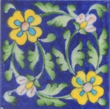 4"x4" 2 Yellow and Turquoise Flowers Lime Green Tiles, Set of 6