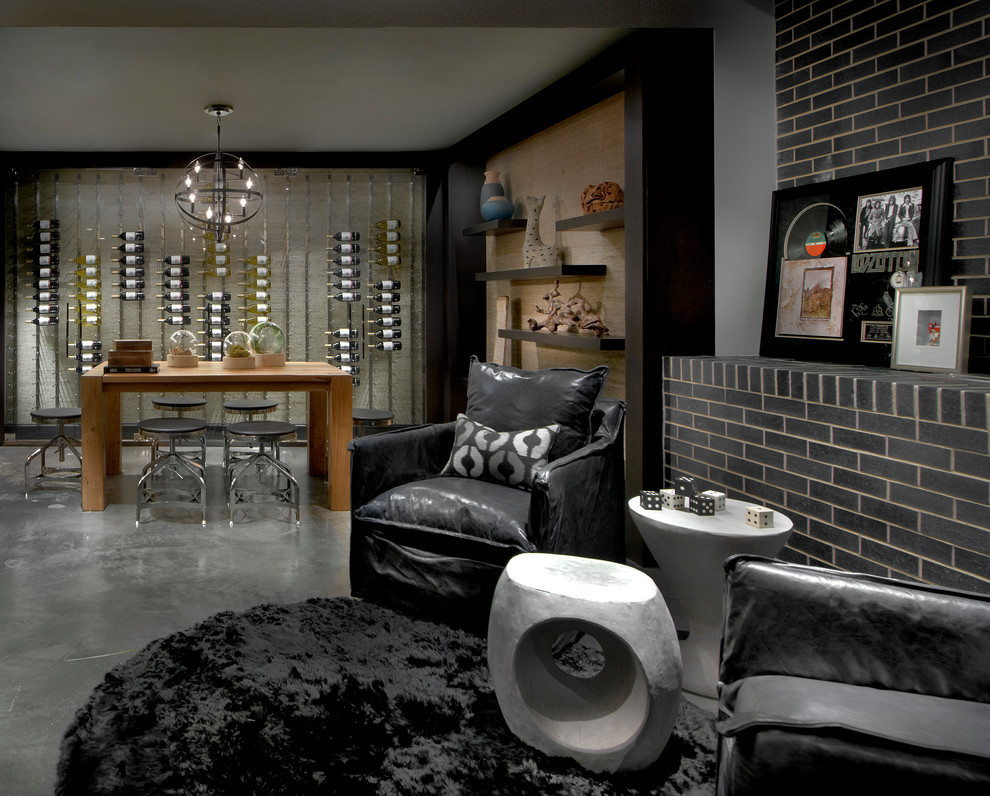 Trendy concrete floor family room photo in Chicago with gray walls