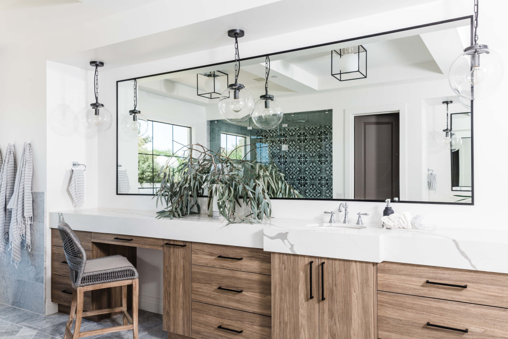 This is an example of a transitional master bathroom in Phoenix with flat-panel cabinets, medium wood cabinets, white walls, an undermount sink, grey floor, white benchtops, a single vanity and a built-in vanity.