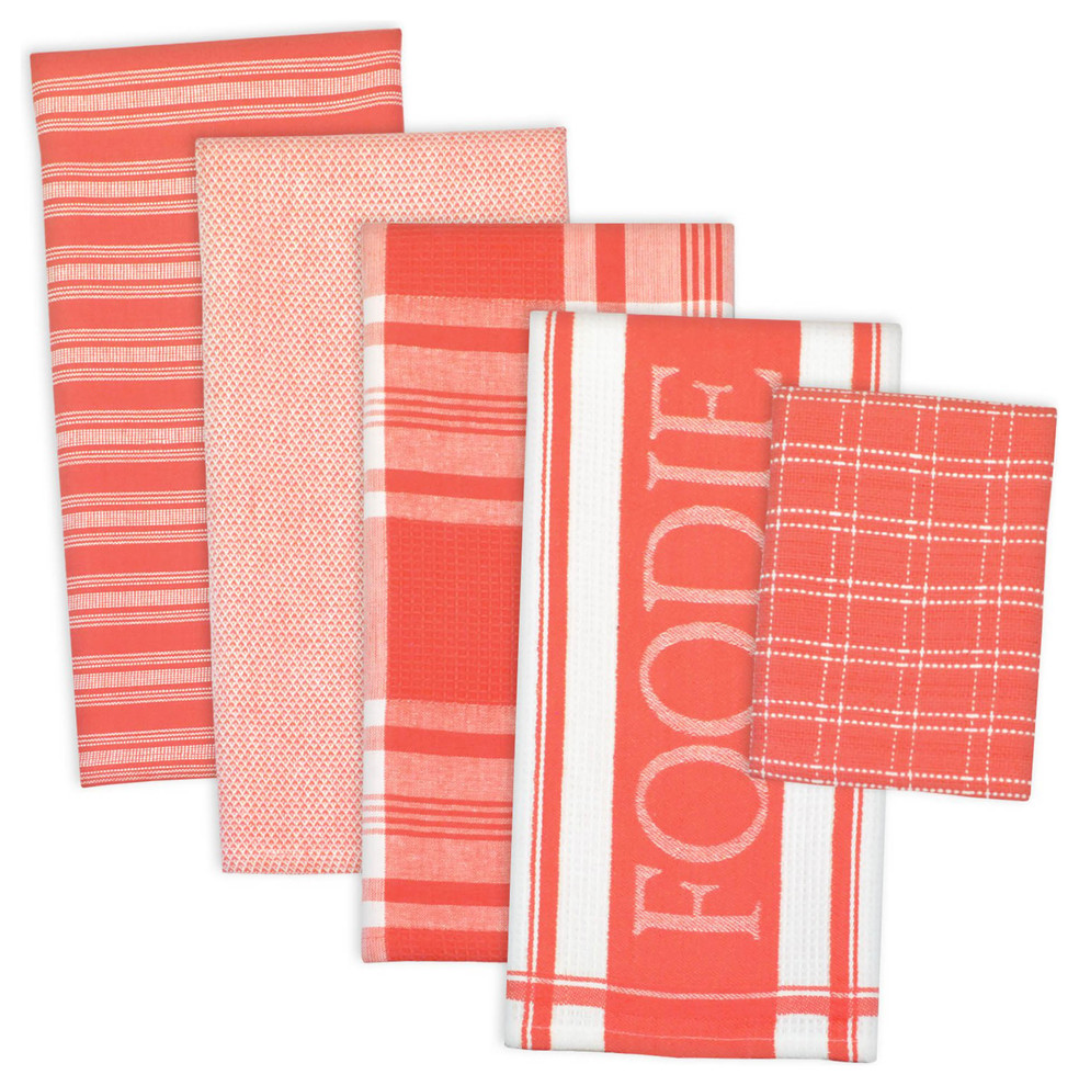 Assorted Coral Foodie Dishtowel and Dishcloth, Set of 5 - Farmhouse